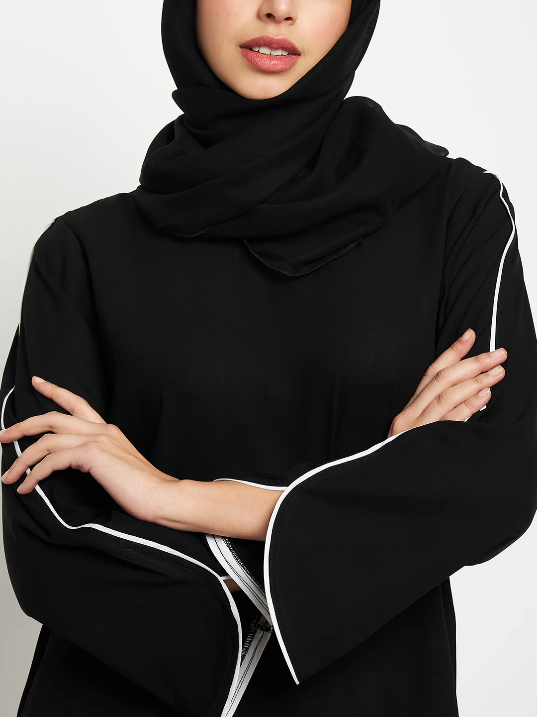 Black Abaya with White Sleeve Piping