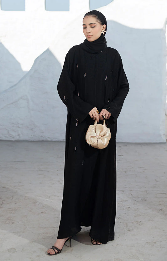 Black Abaya with Delicate White Embroidery