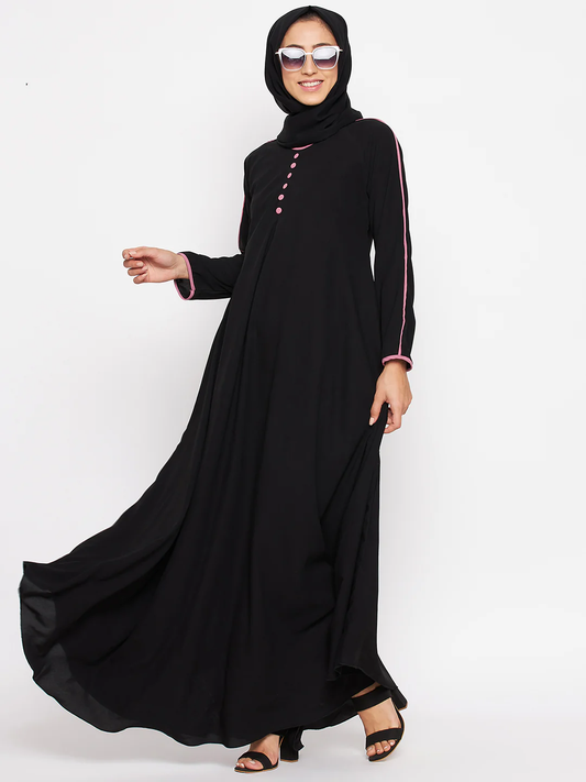 Black Abaya with Pink Contrast and Front Buttons