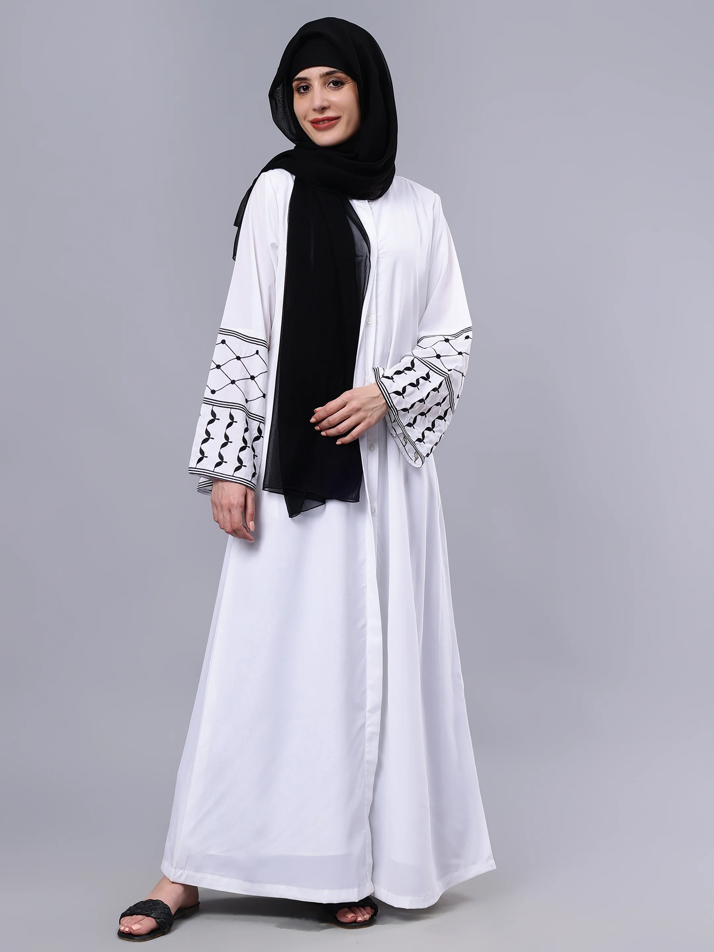White Abaya with Embroidered Sleeves