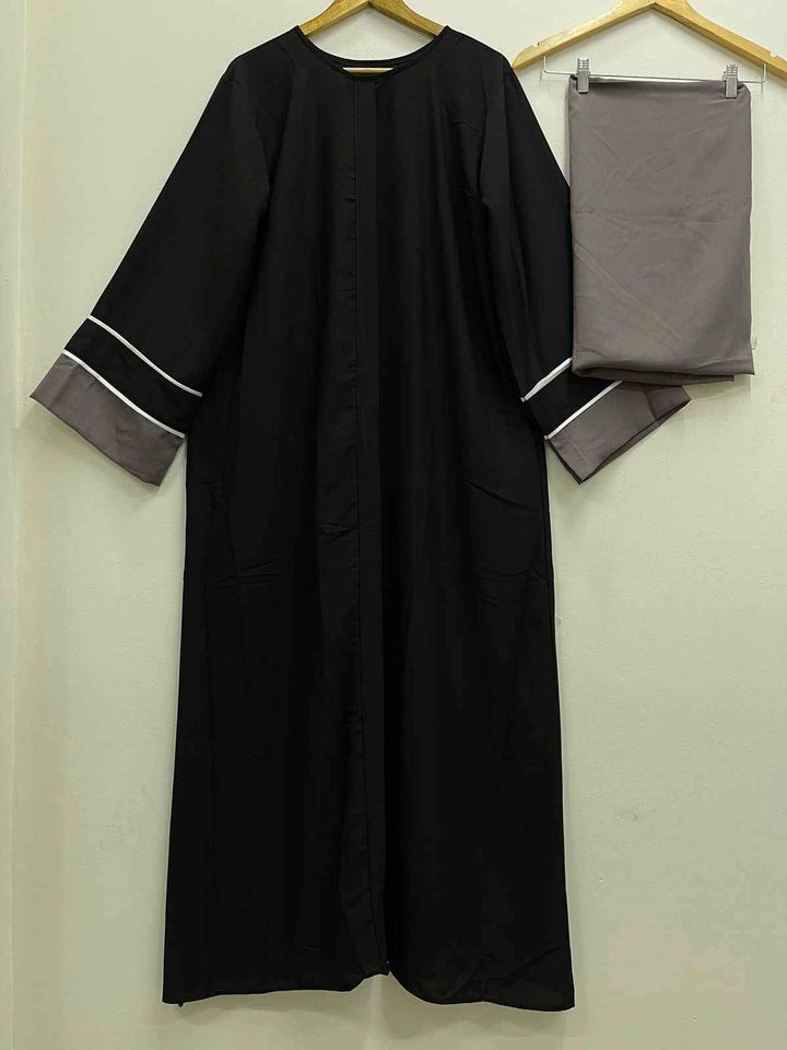 Black Grey Front Zipper Abaya