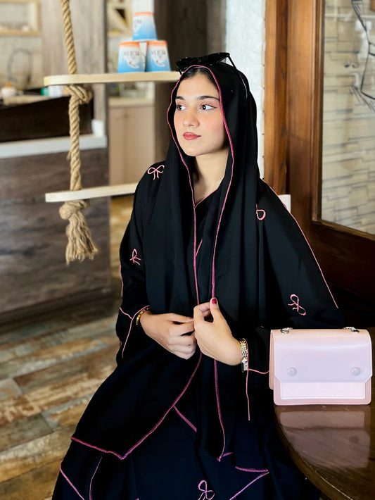 Black Abaya with Pink Bows & Piping
