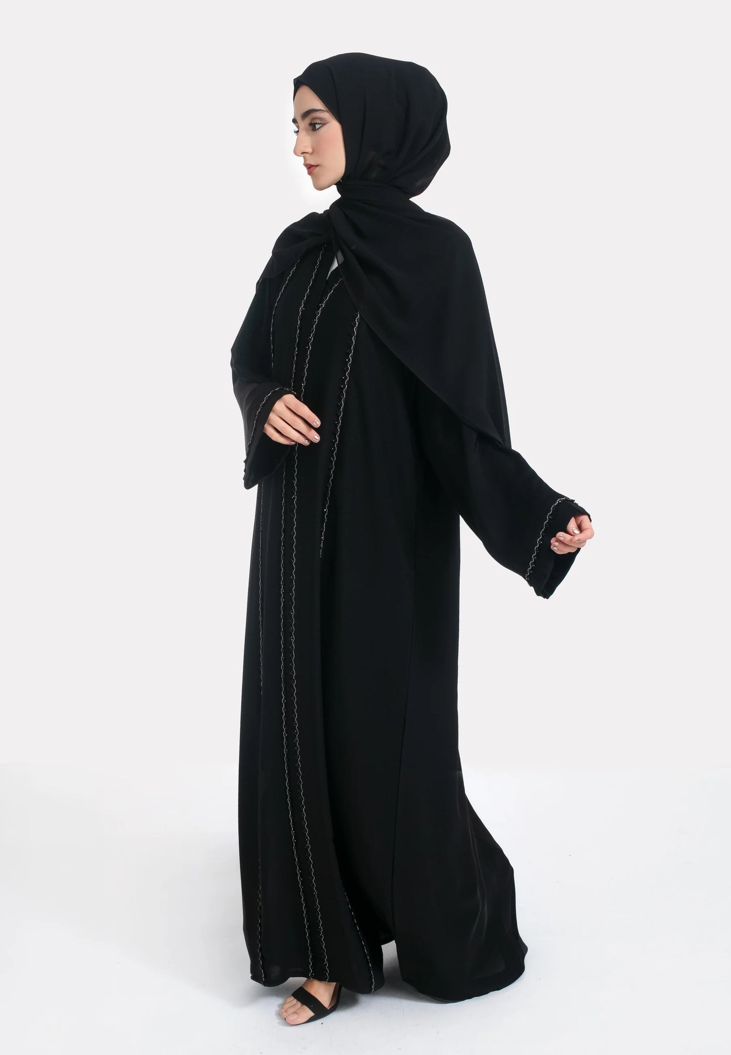 Black Abaya with Front Pearl Lace Stitching