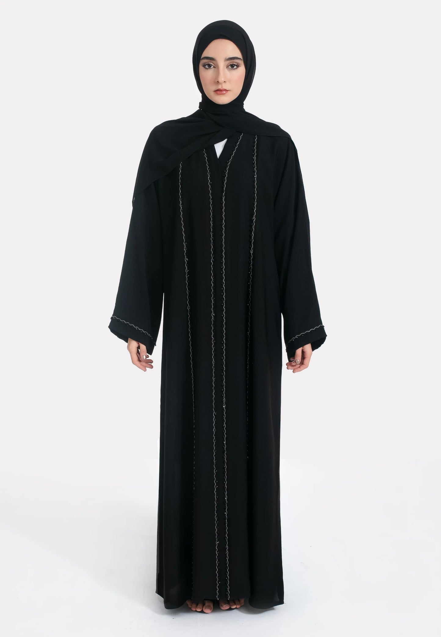 Black Abaya with Front Pearl Lace Stitching