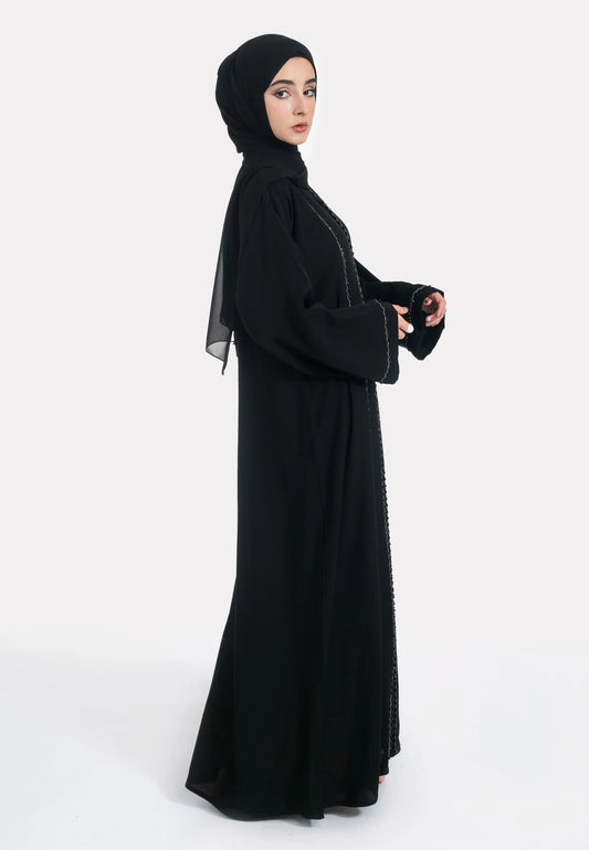 Black Abaya with Front Pearl Lace Stitching