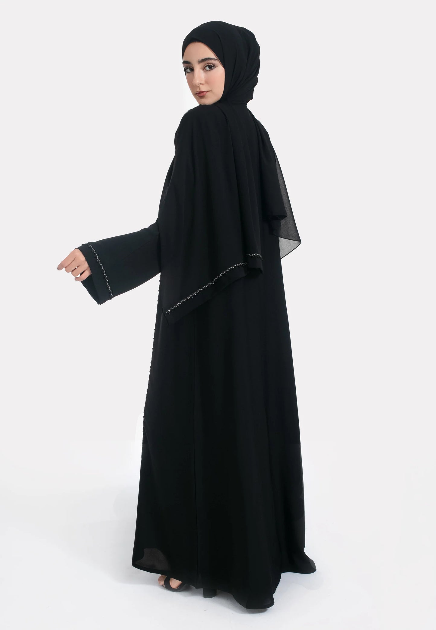 Black Abaya with Front Pearl Lace Stitching