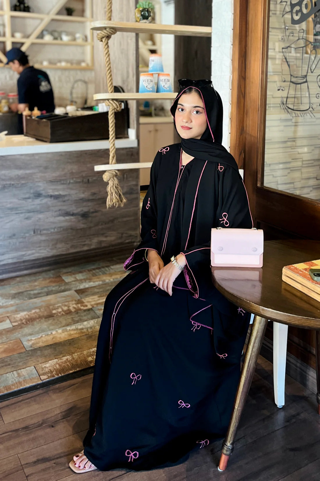 Black Abaya with Pink Bows & Piping