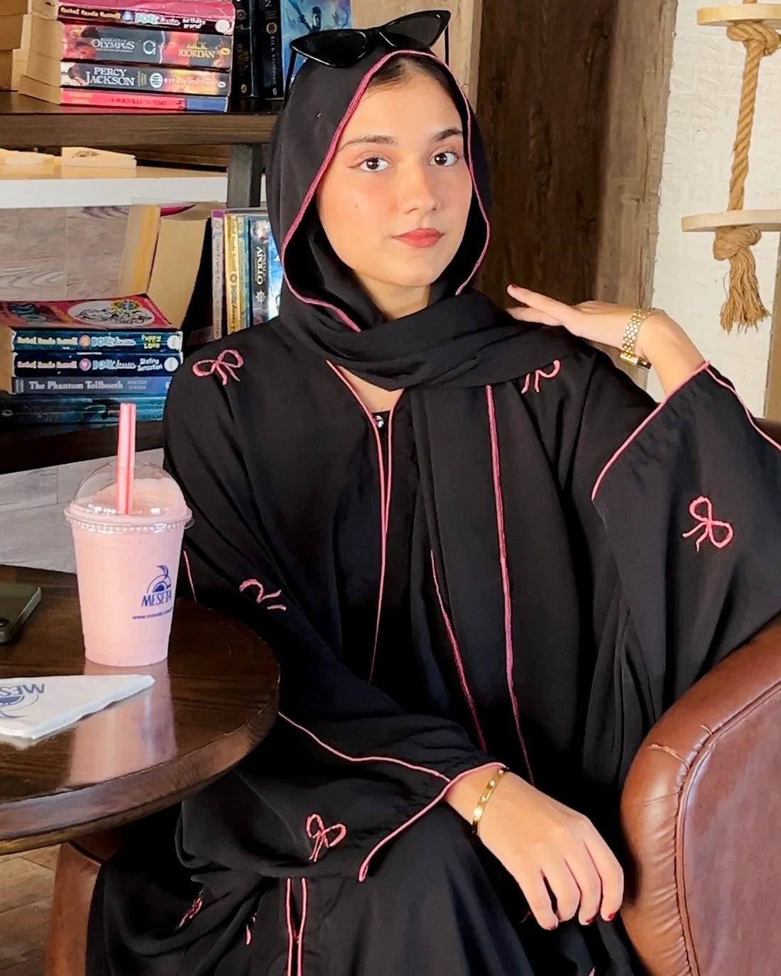 Black Abaya with Pink Bows & Piping
