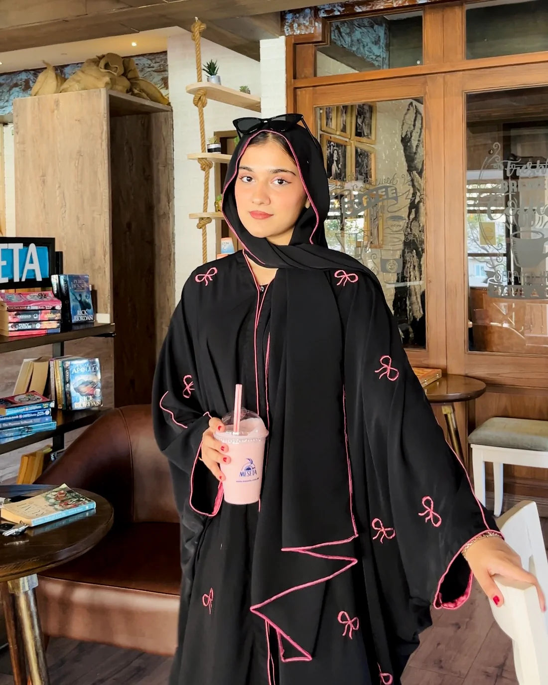 Black Abaya with Pink Bows & Piping
