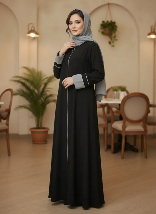 Black Grey Front Zipper Abaya