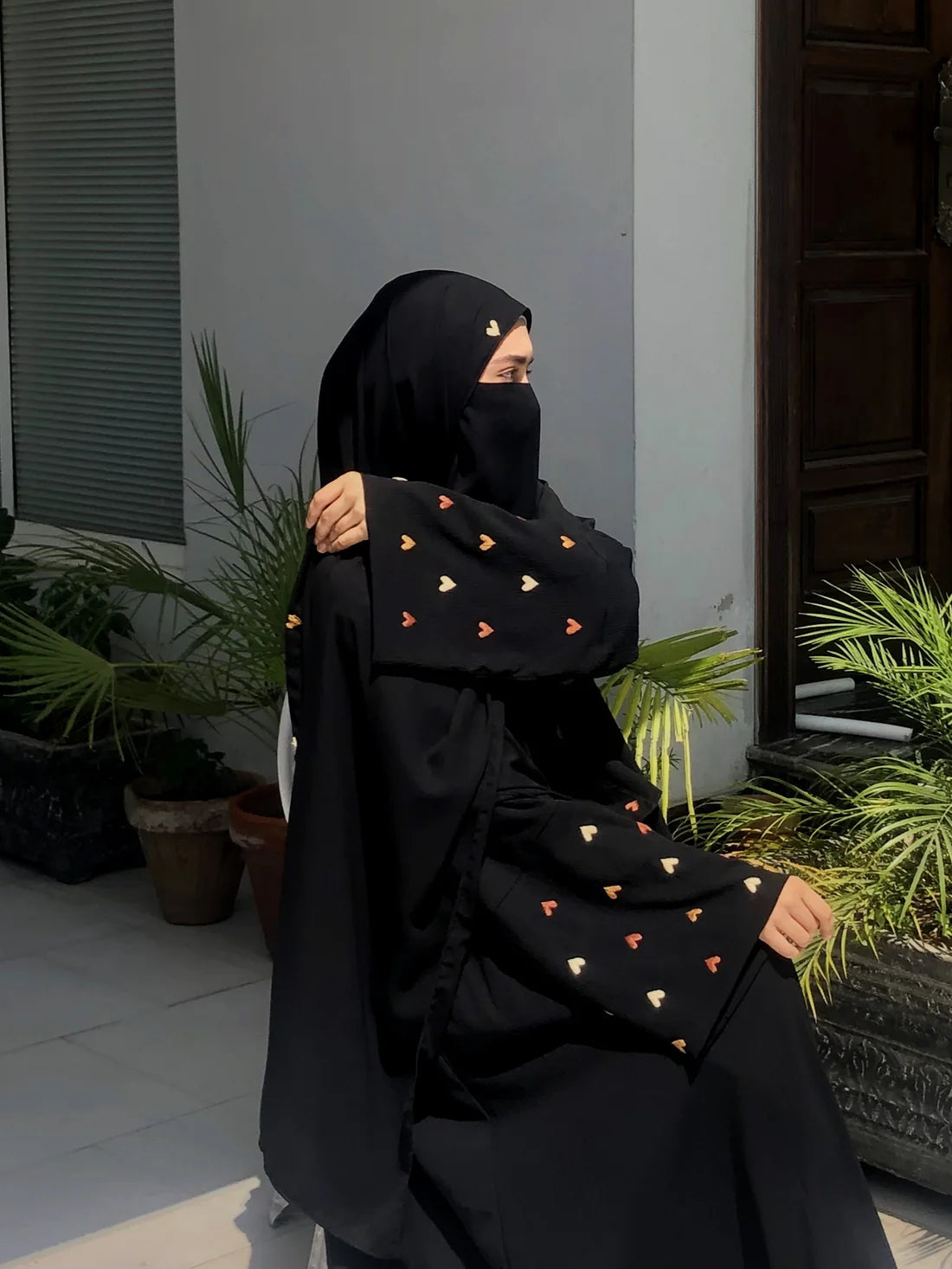Black Abaya with Multi-Color Heart Embroidery