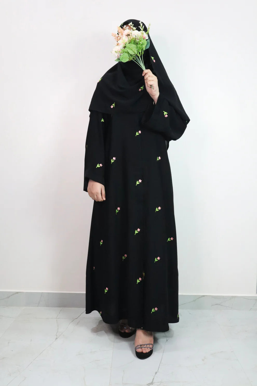 Black Abaya with Floral Embroidery
