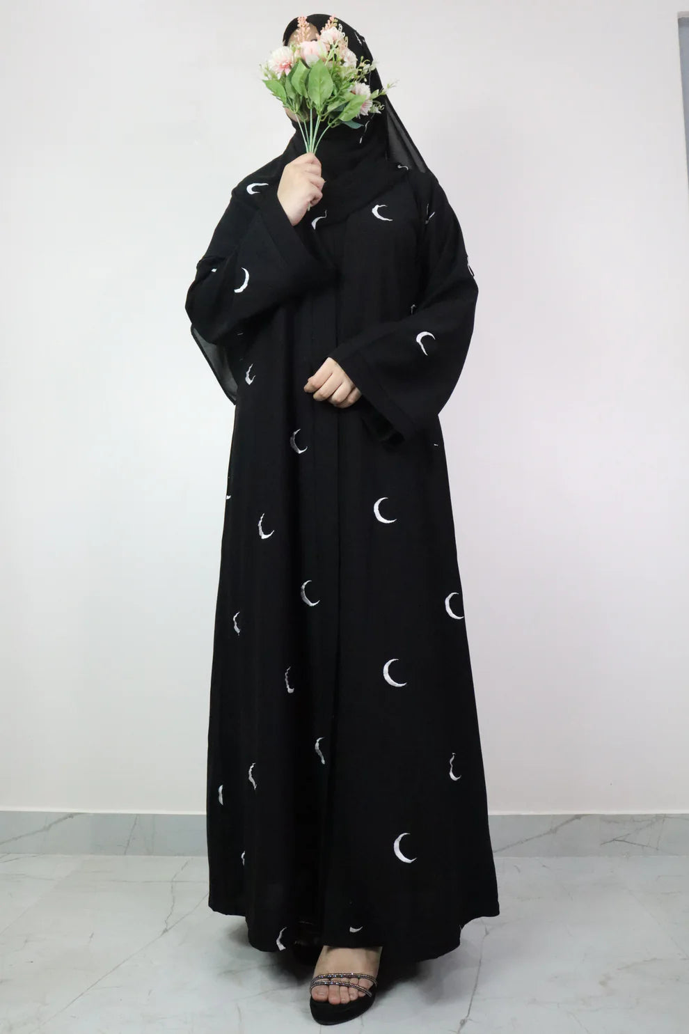 Black Abaya with Crescent Moon Print