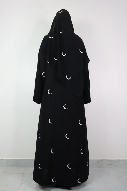 Black Abaya with Crescent Moon Print