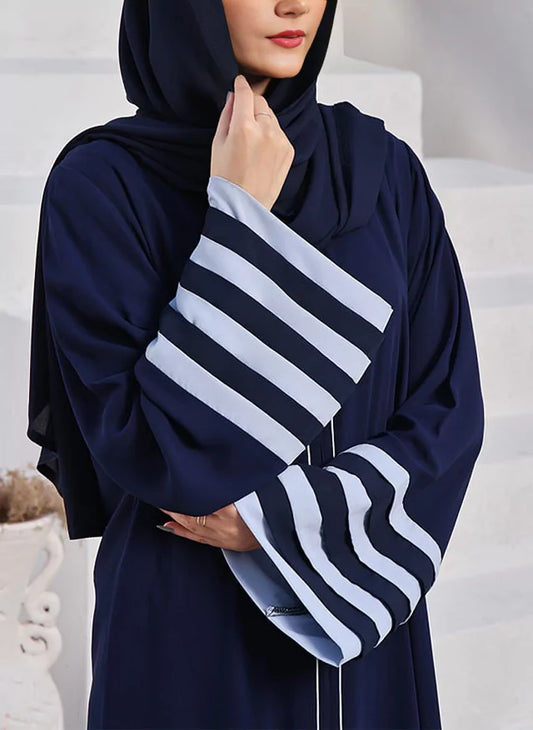 Navy Blue Abaya with Striped Sleeves