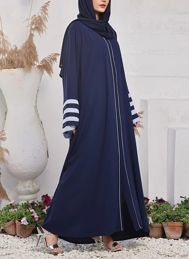 Navy Blue Abaya with Striped Sleeves