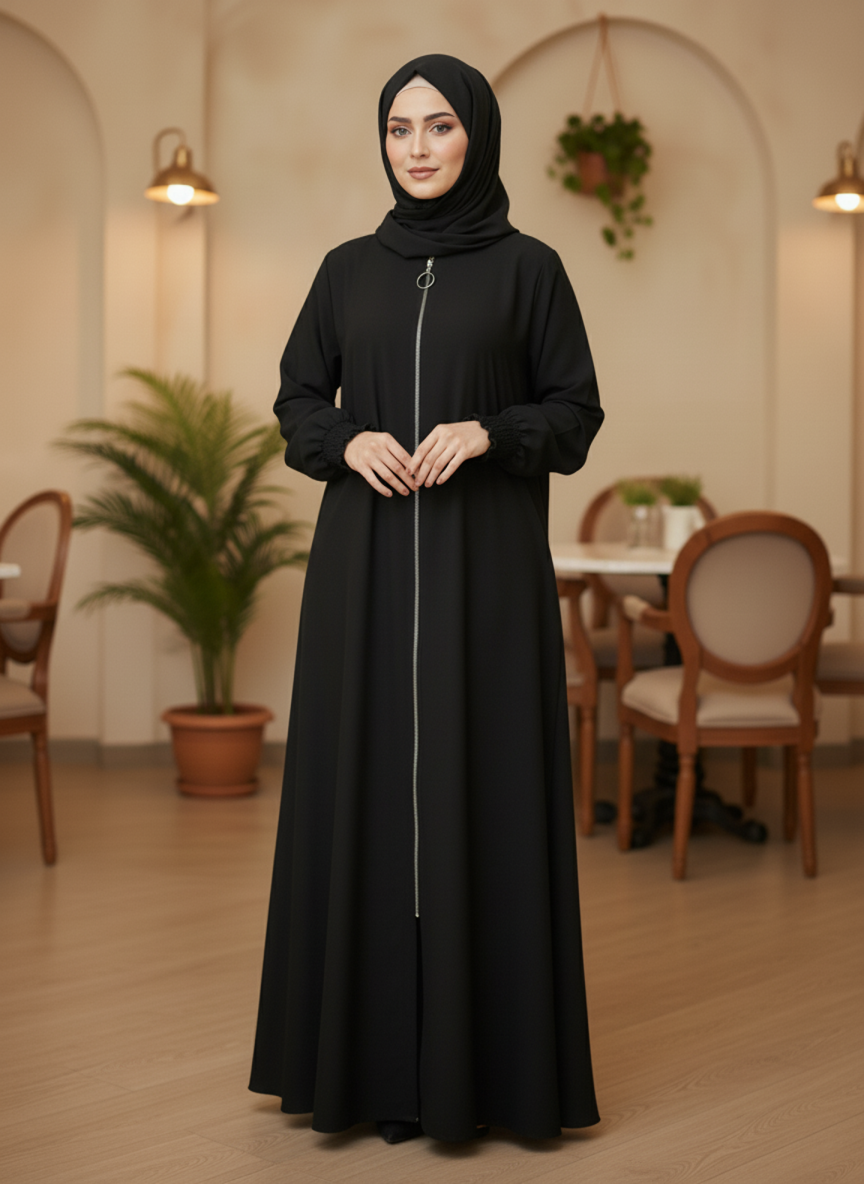 Black Zippered Abaya with Cuffed Sleeves