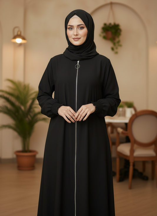 Black Zippered Abaya with Cuffed Sleeves