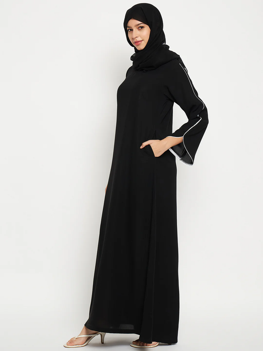 Black Abaya with White Sleeve Piping