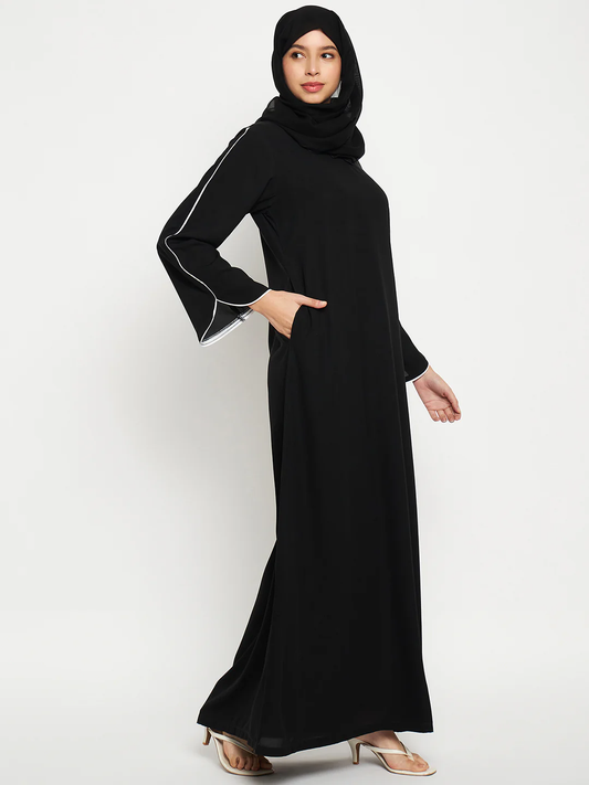 Black Abaya with White Sleeve Piping