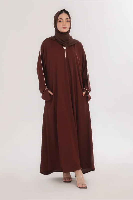 Brown Abaya with White Piping & Pockets