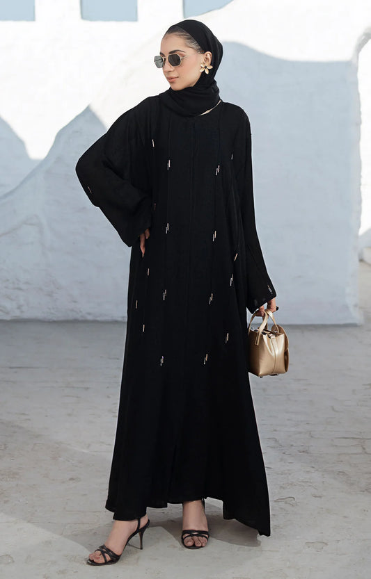 Black Abaya with Delicate White Embroidery