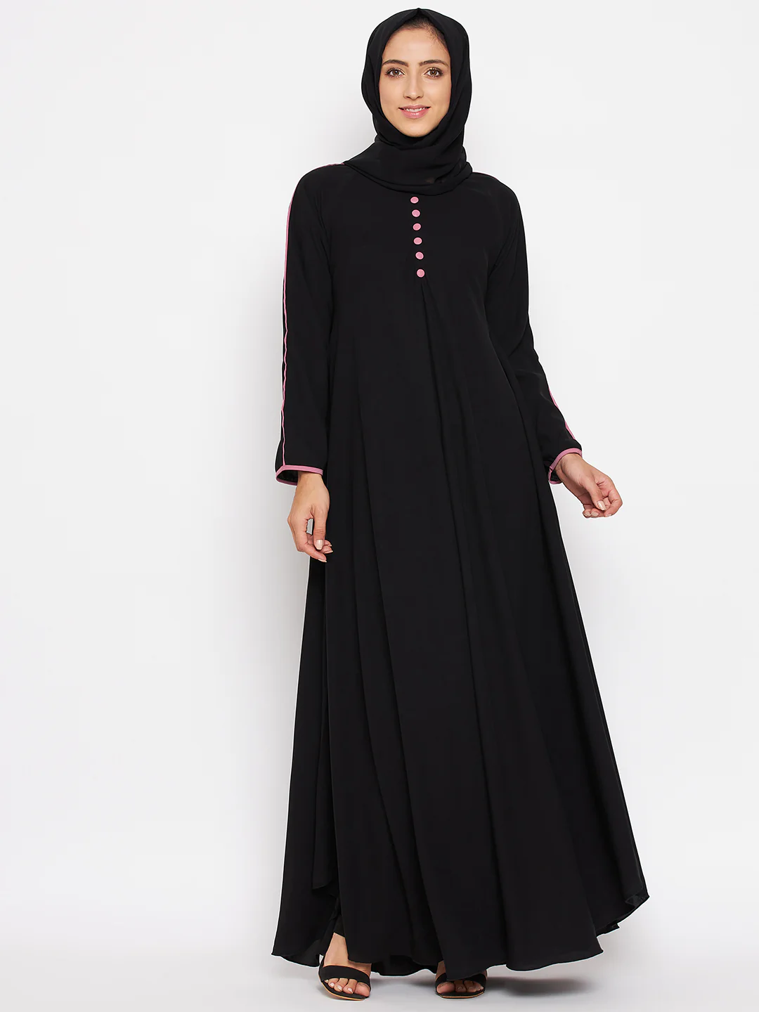 Black Abaya with Pink Contrast and Front Buttons