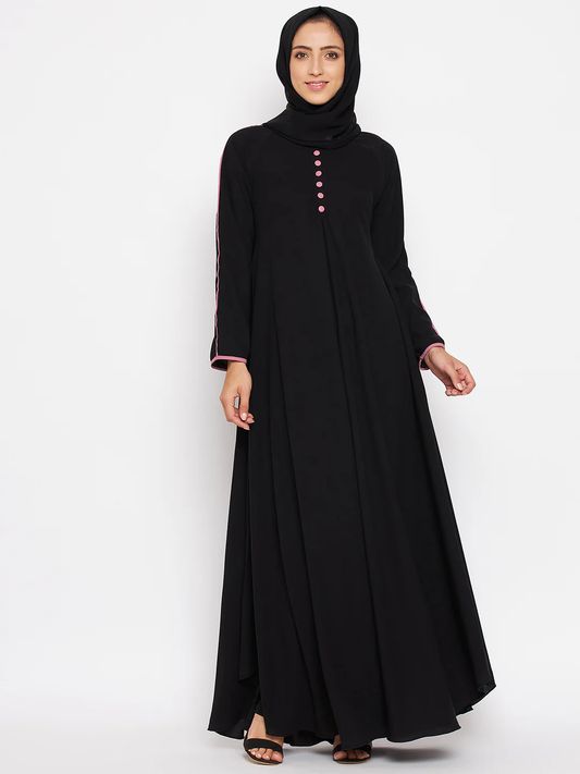 Black Abaya with Pink Contrast and Front Buttons