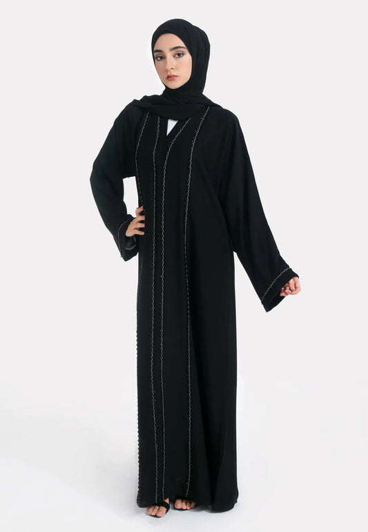 Black Abaya with Front Pearl Lace Stitching