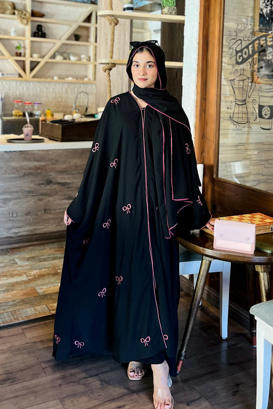 Black Abaya with Pink Bows & Piping