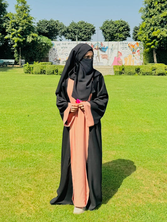 Black and Peach Front Panel Abaya