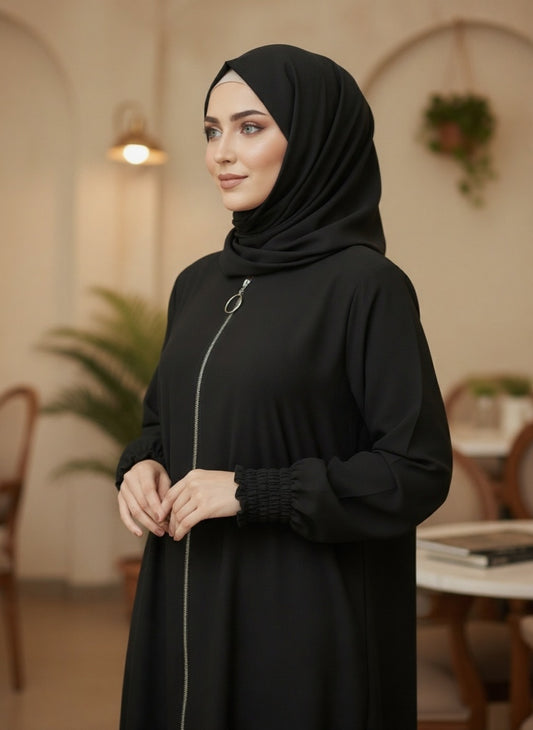 Black Zippered Abaya with Cuffed Sleeves
