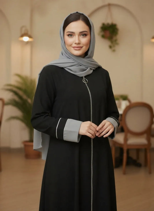 Black Grey Front Zipper Abaya