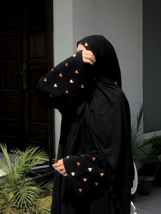Black Abaya with Multi-Color Heart Embroidery
