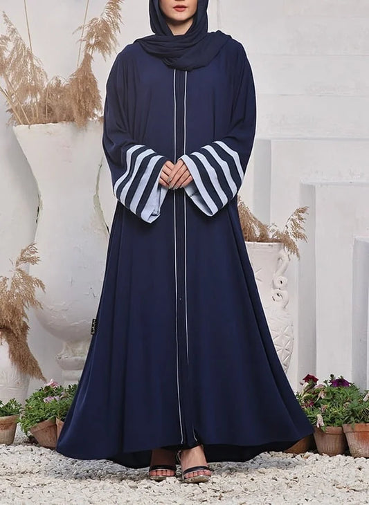 Navy Blue Abaya with Striped Sleeves